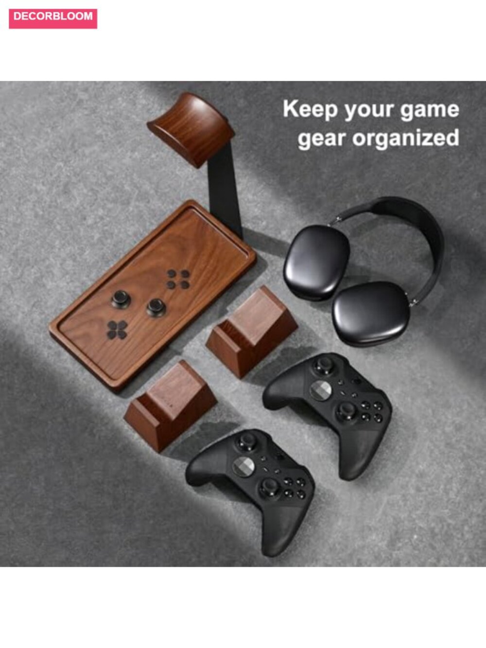 Solid Wood Gaming Headset Stand with Dual Controller Holders Desk Organizer - Picture 2 of 6